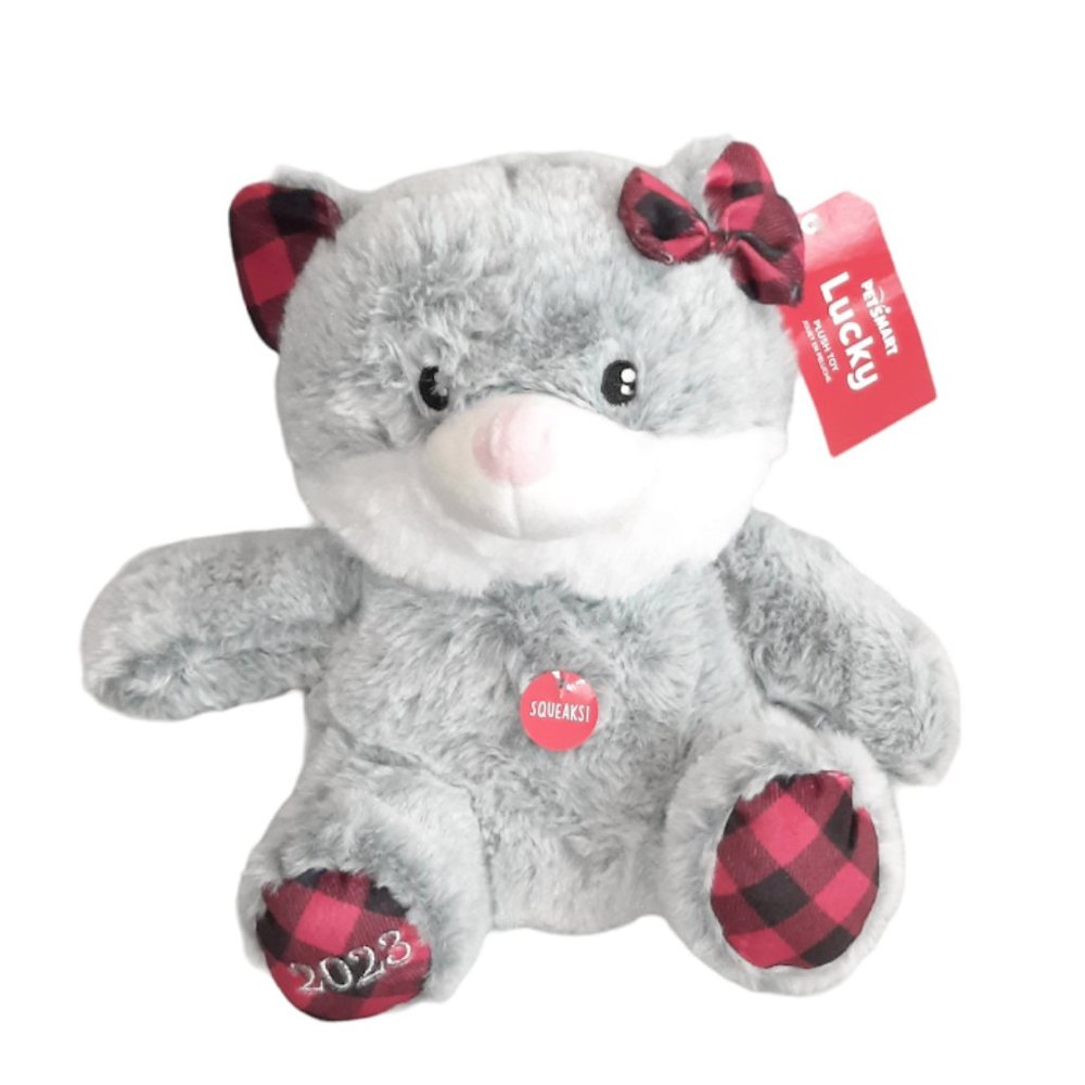 2023 PetSmart Lucky The Cat Squeaker Gray & Red Plaid Pet Plush Toy 10" NEW